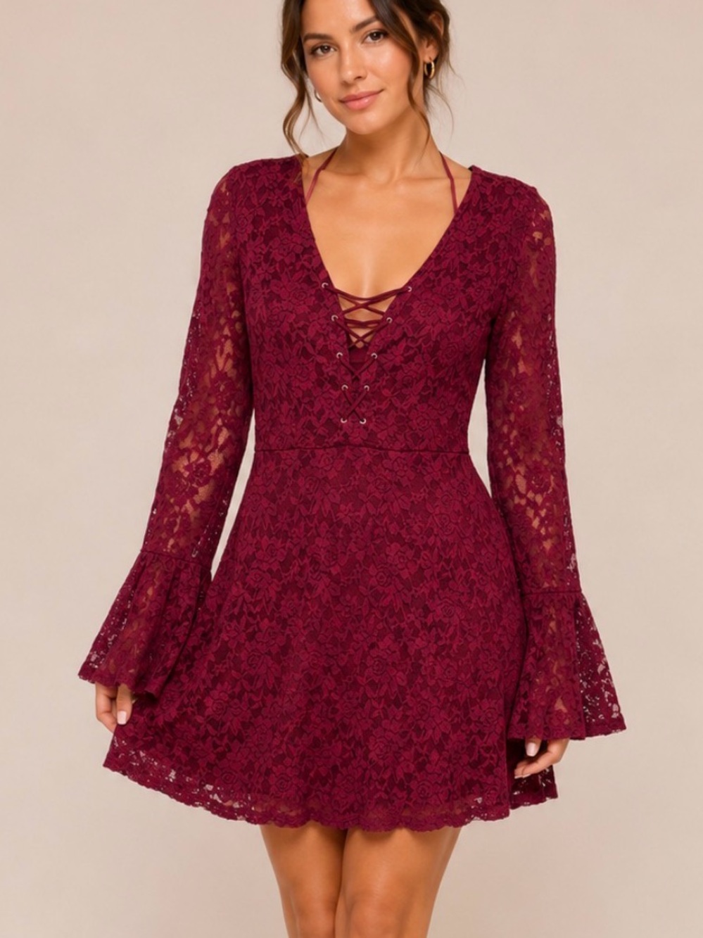 NWT Ambiance Burgundy Lace-Up V-Neck Mini Dress